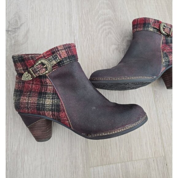 L'artiste Spring Step Scottala Burgundy Red Leather Zip Plaid Ankle Boots 39 8.5 - Picture 13 of 14